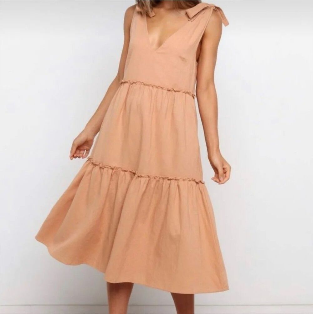 Petal & Pup Erenda Midi Dress Womens US 2 UK 6 Tan Tiered Linen Blend